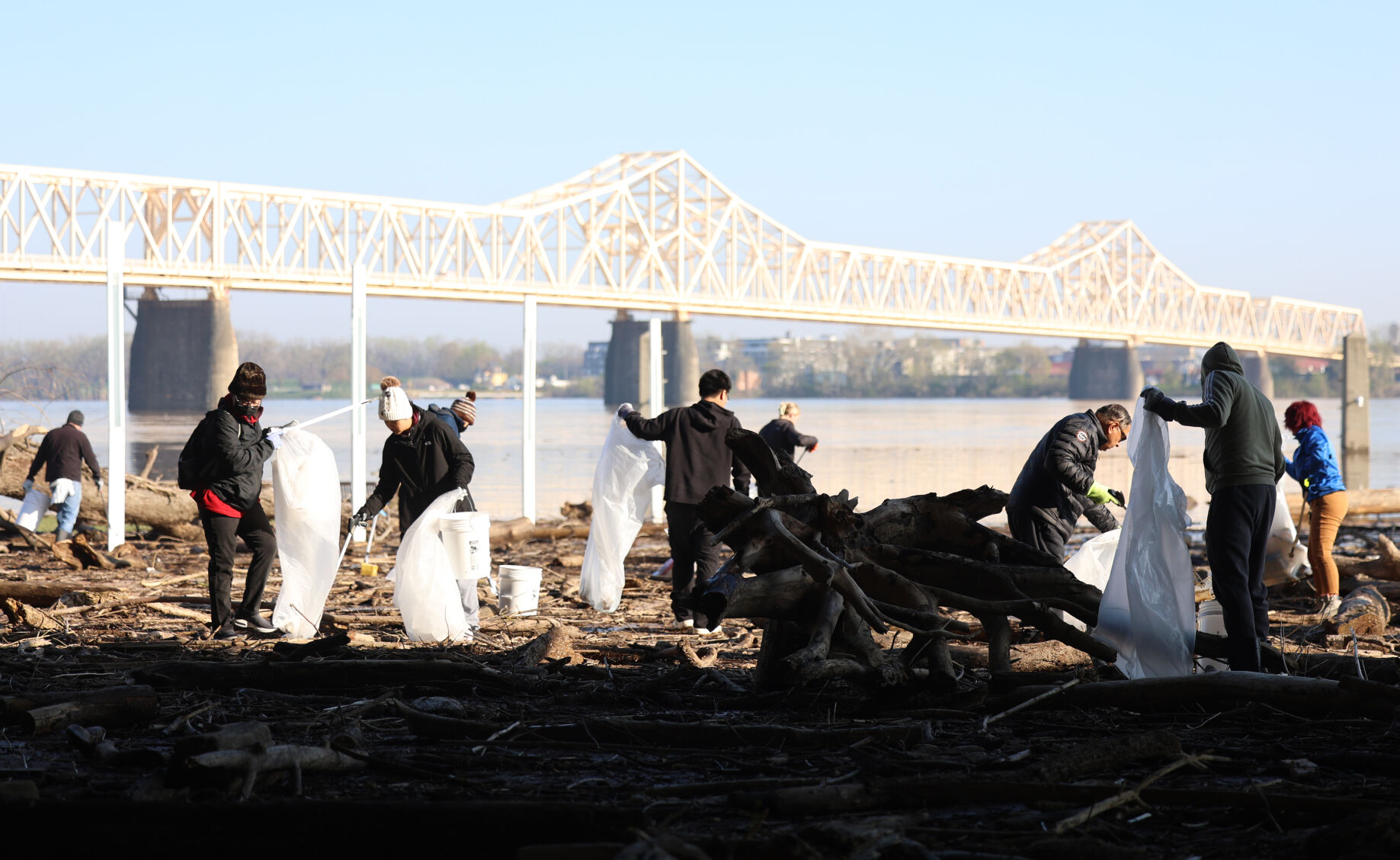 Volunteers on Waterfront Park lawn
